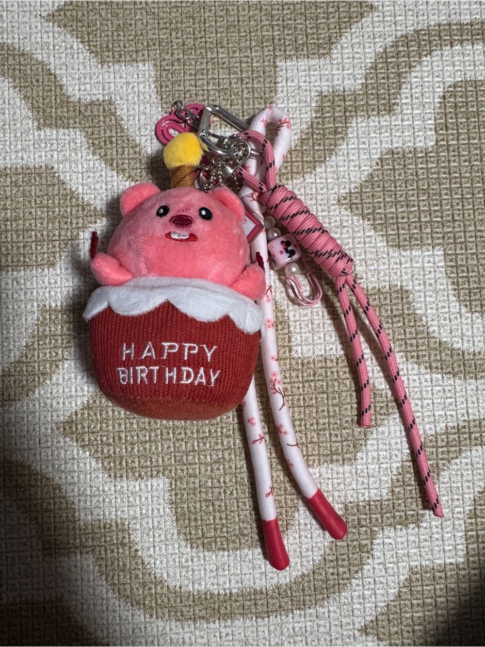 Pink Happy Birthday Bear Cup Keychain Charm